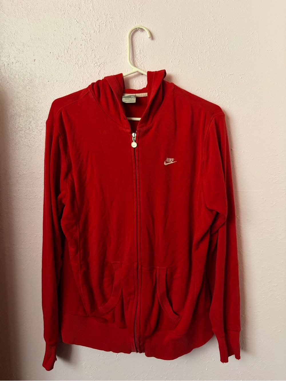 VINTAGE Nike Red Zip-Up Jacket with White Swoosh Tag
